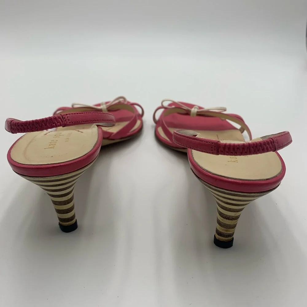 ❤️ Kate Spade ❤️Pink White Bow Strappy Sandals Wooden Kitten Heels Shoes 10B - Picture 4 of 8
